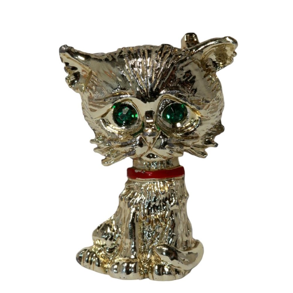 Gerry's Cat Kitten Brooch Pin Green Rhinestone Eyes Gold Tone Vintage